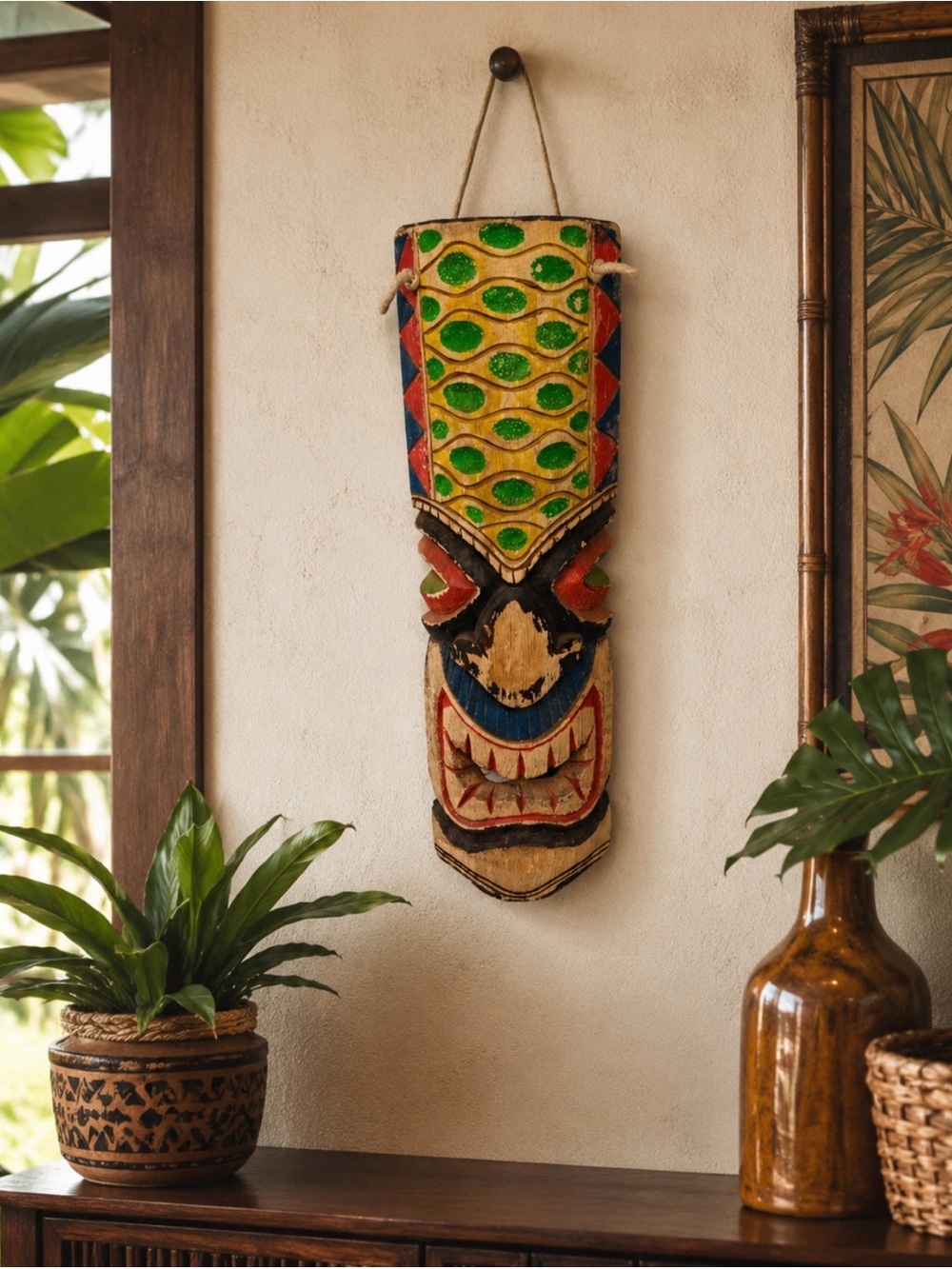 Vintage Tiki  Handmade Tribal Mask Wooden 19"hx 6"w
